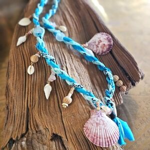 Boho Beach Necklace Shells + Charms on Bandana Cord Coastal Cowgirl Summer